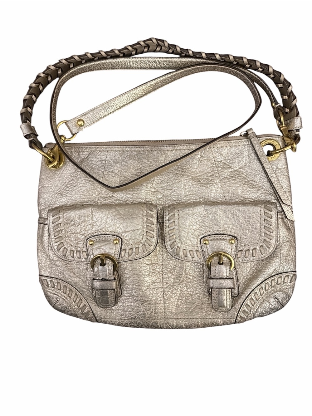 Coach Vintage Poppy Gold Metallic Leather  Woven Whipsitch Handbag Hippie Bag